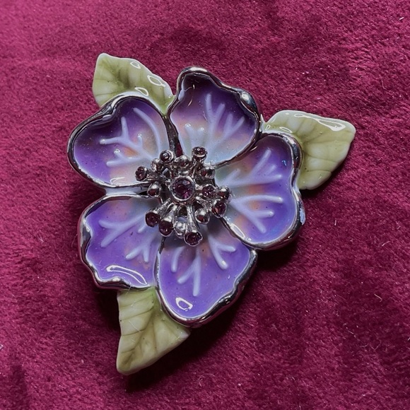 Vintage 1960’s Monet Enamel Purple Flower/Rhinestone Heavy Silver Brooch - Picture 1 of 2